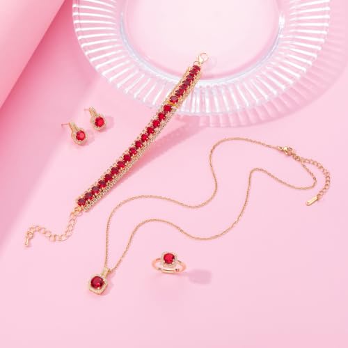 Paxuan 4pcs Cubic Zirconia Wedding Jewelry Sets for Bride Bridesmaid Cubic Zirconia Pendant Necklace Earrings Link Tennis Bracelet Open Ring Set for Women - color: Gold Plated Red Cubic Zirconia