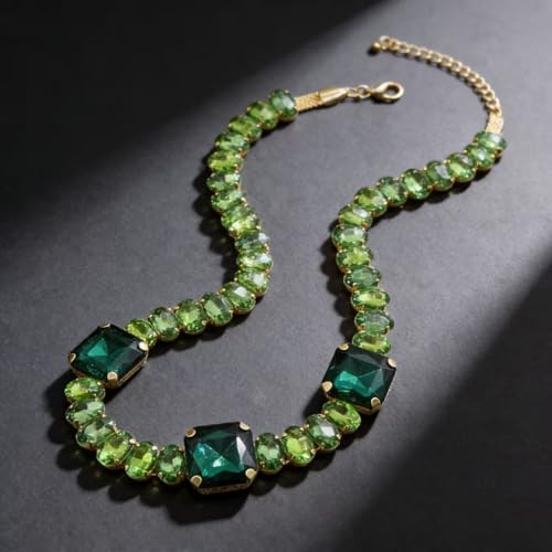 Fashionable Chunky Plated Tennis Rhinestone Statement Necklace Jewelry Set for Women Multicolor gem necklace with Great Sparkle and Shine Design for Women to Easy Match - color: emerald big rhinestone