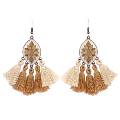 Silver/Gold Boho Dangle Statement Earrings for Women Trendy,Handmade Vintage Dainty Cute Long Drop Summer Earrings,fashion Accessories Jewelry Gifts - color: A17 brown tassels oval shaped enamel