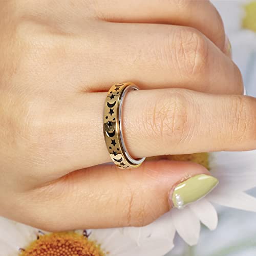 Anxiety Ring for Women Spinner Rings:Rotating Rings Stainless Steel 6mm Moon Star Anxiety for Men Band Jewelry Gift for Women Size 6 7 8 9 10 - color: A-Gold