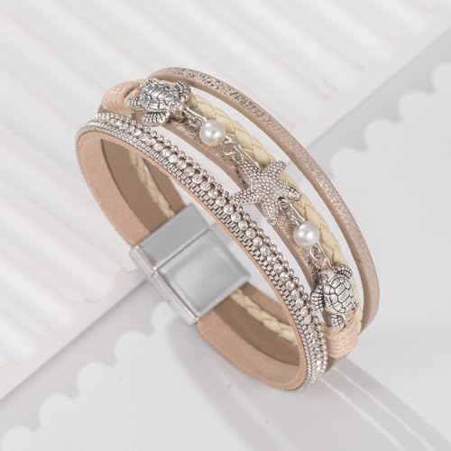 FANCY SHINY Turtle Starfish Leather Wrap Bracelet Boho Rhinestone Pearl Cuff Bracelets for Women Summer Beach Jewelry for Women - color: Gold