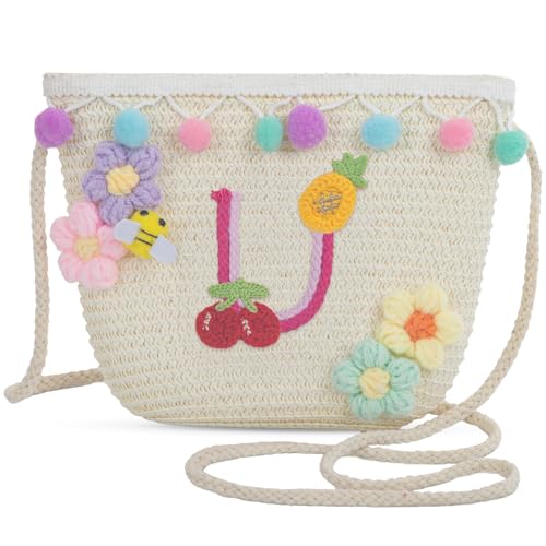 Letter Small Woven Straw Summer Beach Tote Bag for Women 2025,Woven Straw Beach Purse Shoulder Crossbody Bag for Women 2025 - color: White U