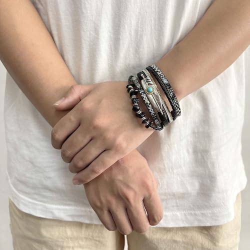 Turquoise Bracelet for Women, Boho Multilayer Leather Bracelet with Feather and Magnetic Clasp, Western Turquoise Jewelry - color: Black-Obsidian