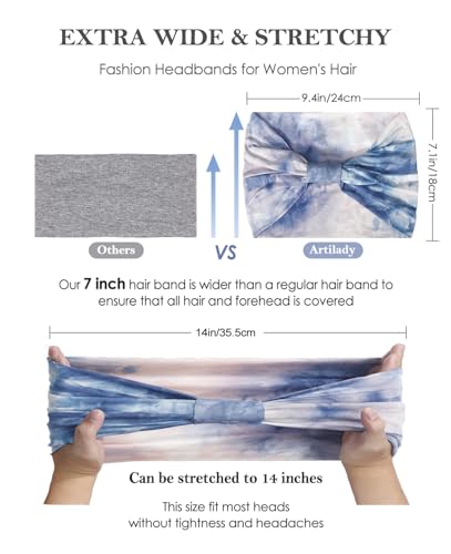 Artilady 7'' Wide Headbands for Women Tie Dye - Large Soft Cloth Headwrap Elastic Stretchy Head Bands Boho Turban Hair Bands Non Slip Hair Accessories 6 PCS - color: Tie-dye