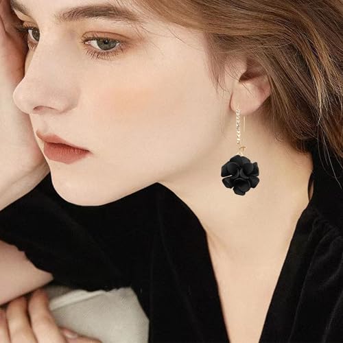 Boho Flower Dangle Earrings for Women Long Drop Resin Acrylic Tiered Petal Statement Earrings Handmade Lightweight Vintage Floral Chunky Drop Jewelry - color: Black