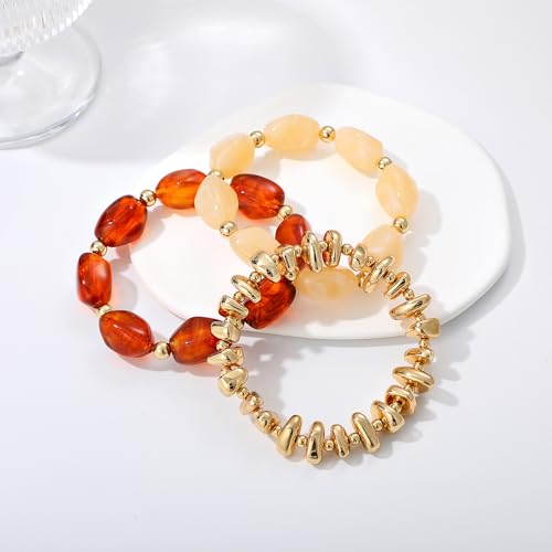 GOOJIDS Simple Beaded Gold Plated Bangles Bracelet Chunky Bamboo Tube Curved Stacking Clear Acrylic Colorful Beads Stretchable Gold Plated Bracelets Set For Women - color: T Brown&Beige Beads Set