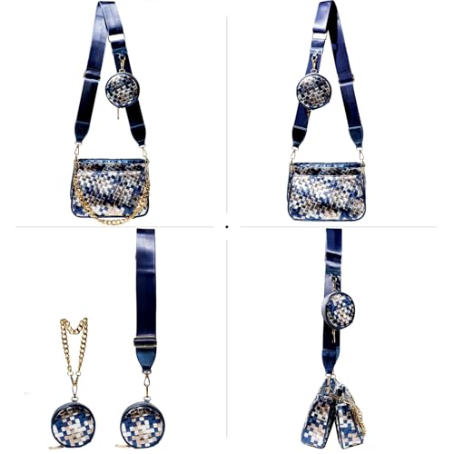 Handmade Woven Small Crossbody Bag for Women with Coin Purse, Designer Shoulder Handbag 3pcs Set, Mini Tote Clutch - color: Blue Multicolor