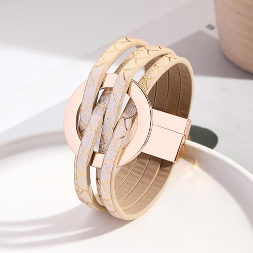 Fuqimanman2020 Circle Charm Leather Wrap Bracelet Boho Handmade Layered Cuff Bracelets for Women Teen Bohemian Multi Strand Bangle Bracelets Holiday Jewelry - color: gold