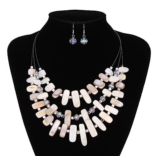 3 Layered Chunky Statement Necklace for Women Beaded Strand Necklaces with Earring Fashion Costumes Collar Necklace Jewelry Sets Gifts for Women - color: 50-White