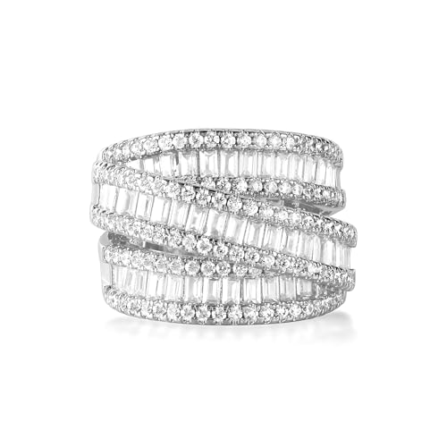 MDFUN 18K White Gold/Yellow Gold Plated Halo Wedding Eternity Ring for Women, 3 Rows Emerald Cut Cubic Zirconia Rings Statement Band Size 5-10 - color: White Gold