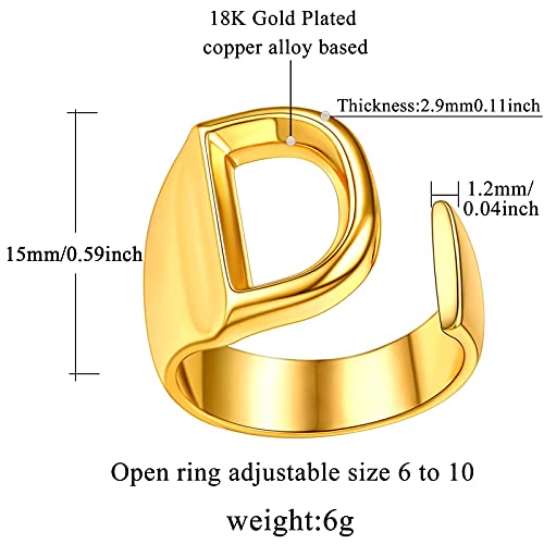 FindChic Customizable Initial Ring Statement 18K Gold Plated Fashion Cuff Rings for Women Alphabet Letter A to Z Resizable Knuckle Ring (with Gift Box) - color: D