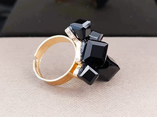 Hebelee Boho Square Crystal Statement Ring for Women Gold-Toned Adjustable Expandable Promise Engagement Geometric Rings Comfort Fit Elegant Art Deco Birthday Christmas Cocktail Party Y2K Jewelry - color: Black