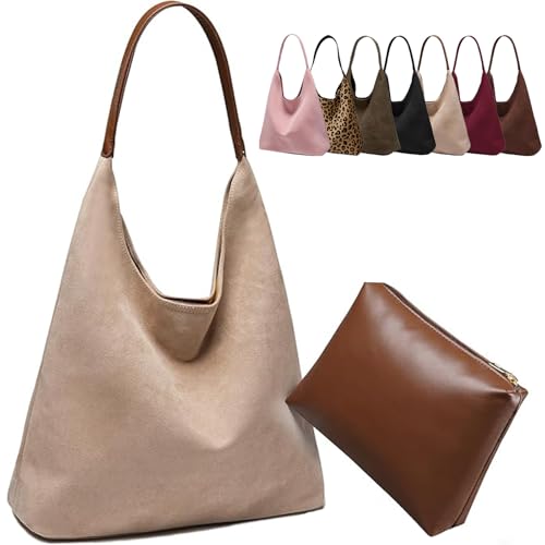 Large Work Tote Bags for Women, Boho Slouchy Suede Purses Handbags - color: Beige