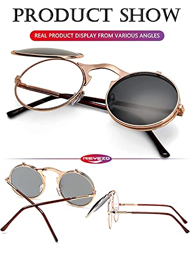 AIEYEZO Round Flip Up Sunglasses for Men and Women Rave Flip Glasses 90's Retro Steampunk Style - color: A3 Rose Gold/Grey