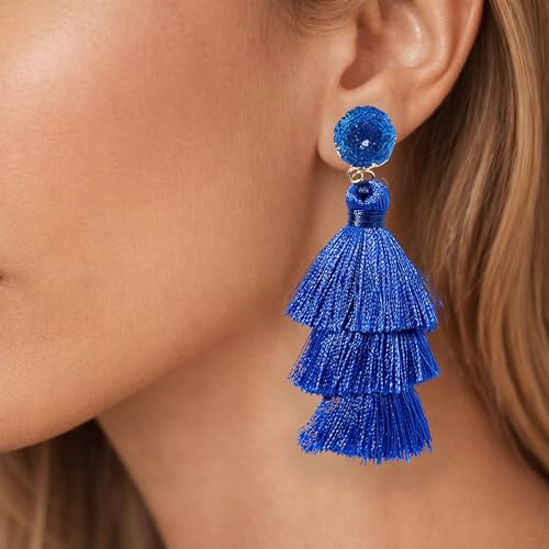 Tassel Earrings for Women - Colorful Layered Tassle Dangle Drop Earrings - color: Blue
