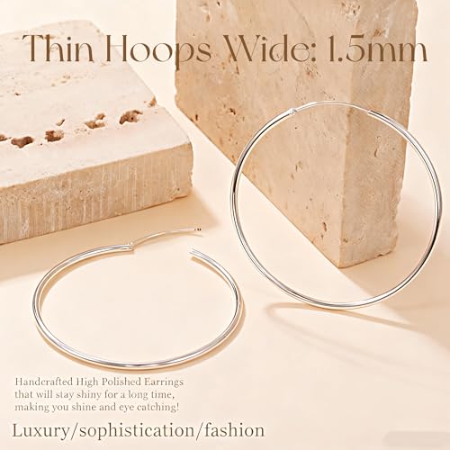Senteria 925 Sterling Silver Hoop Earrings for Women Hypoallergenic Endless Silver Thin Hoop Earrings for women Lightweight Large Big Endless Thin Hoops Earring 30/40/50/60/70mm - color: 70mm Silver