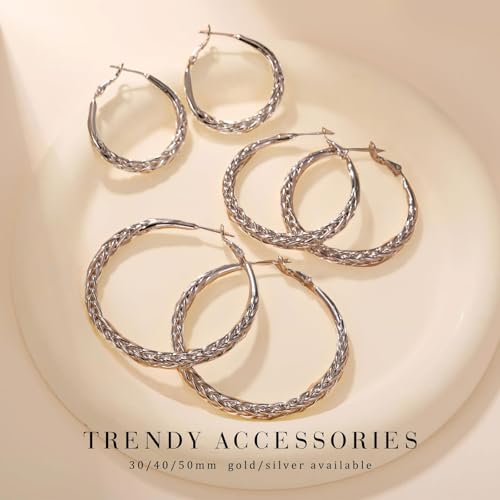Senteria Silver Hoop Earrings for Women Hypoallergenic 925 Sterling Silver Post Hoop Earrings Lightweight Large Hoops Earring Thick Twisted Silver Hoops 30/40/50MM - color: 40mm black hoops