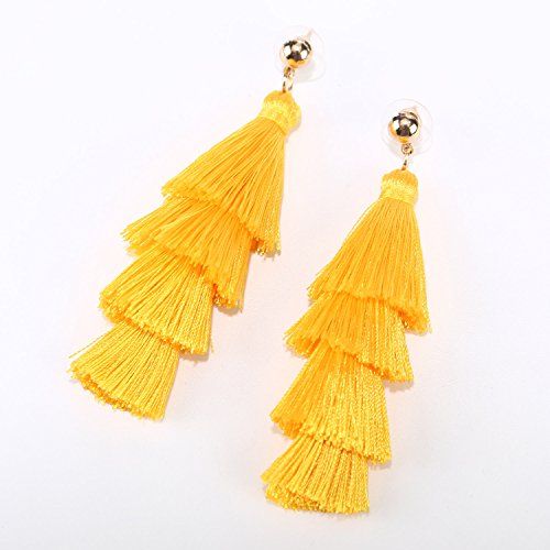 BaubleStar Tassel Earrings Handmade Tiered Thread Tassel Dangle Earrings, Multi Colors - color: Yellow