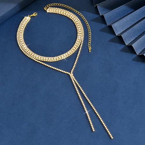 Statement Layered Sparkly Crystal Choker Black Long Tassel Y Necklace for Women, Dainty Multilayer Silver Bling Rhinestone Necklaces Prom Jewelry Gift - color: Gold