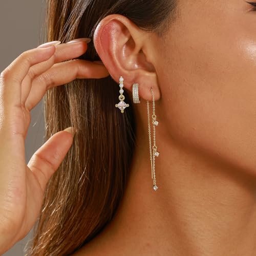 Trendy Zircon Tassel Chain Threader Earrings Set for Women Chain Dangle Earrings Dainty Rhinestone Hoop Earrings Set for Women Stack Jewelry Long Drop Ear Line - color: Gold-one ear-B