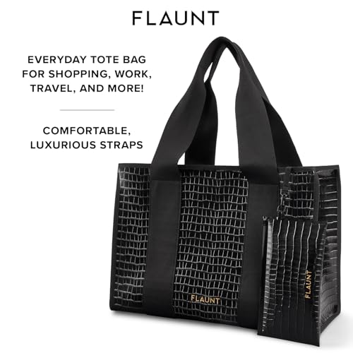 FLAUNT Everyday Tote Bag with Phone Pouch for Women - Lightweight, Airline Approved, Easy To Carry, Foldable & Washable - color: Black Crocodile