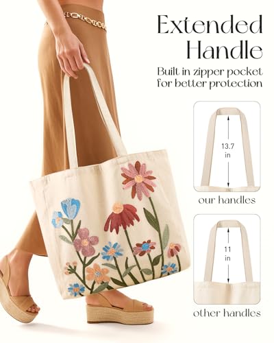 Miss Adola Embroidery Tote Bag with Pocket & Buckle - Reusable Canvas Tote for Women Cute Aesthetic Work Shopping Grocery Bag - style: Floral
