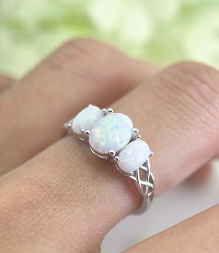 Celtic Birthstone Rings for Women 925 Sterling Silver Celtic Knot Ring 3-Stone Promise Rings for Her Wife Birthday Anniversary Wedding Jewelry - color: 13-Opal