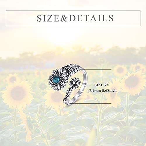 POPLYKE Sterling Silver Spoon Ring Vintage Thumb Rings Boho Adjustable Open Ring Statement Jewelry Gifts for Women - style: Turqouise Daisy