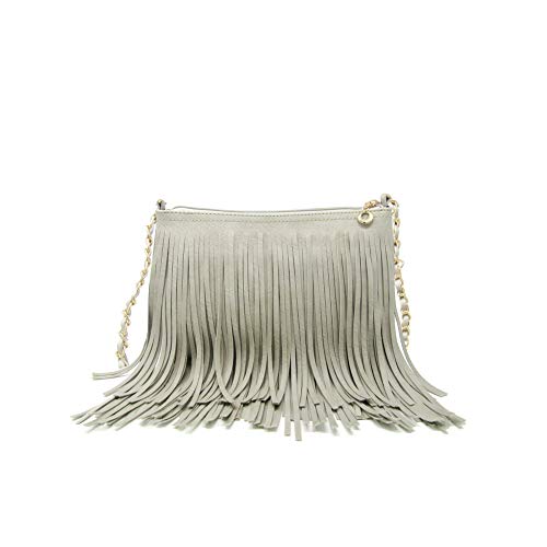 Solene Fringe Crossbody Shoulder Bag with Strap, Tassel Messenger bag, Country Style Western Fringe Purse for Women - color: Grey