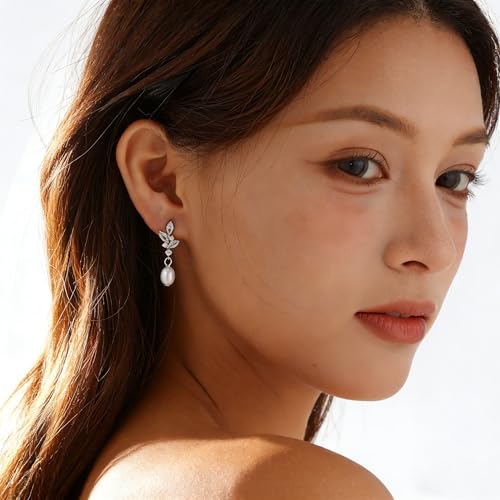 Pearl Earrings for Women Dainty Diamond Pearl Drop Earrings 14k Gold Plated Dangle Earrings for Women Weddings Gifts Bridesmaid Gifts - color: B-silver pearl earrings