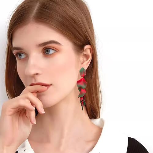 Long Acrylic Rose Petal Earrings Dangle Exaggerated Flower Earrings Drop Statement Floral Tassel Earrings for Women - color: Green + Red