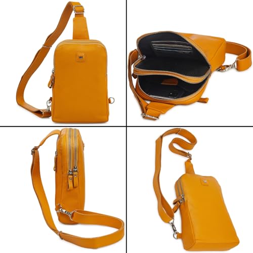 Leather Sling Bag for Women Genuine Crossbody Purse Small Trendy Cross Over Chest with Phone and Credit Card Slots (Mustard Nappa) - color: Mustard Nappa