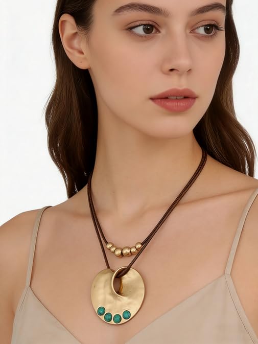 Boho Necklaces for Women Chunky Circle Necklace Layered Boho Circle Leather Choker Necklace Long Vintage Necklaces Bohemian Jewlery Gifts - style: Bohemian Style Necklaces