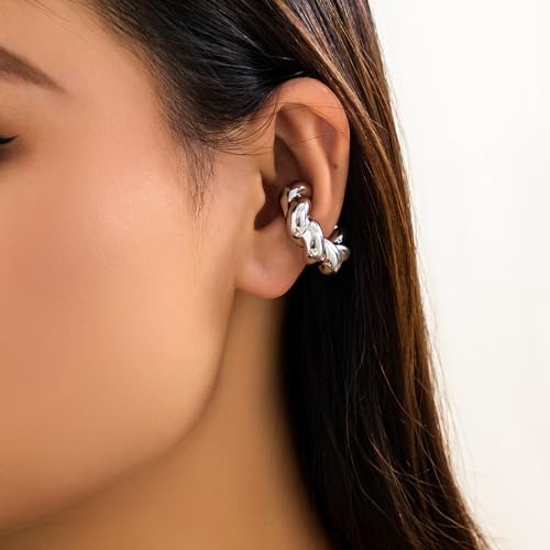 Gold Ear Cuff Earrings for Women Non Piercing 14K Gold Plated/Silver Cuff Clip On Cartilage Hoop Shining Cubic Zirconia Twisted Chain Ear Clip On Earring for Women Chunky Ear Cuffs Earrings - color: C-silver