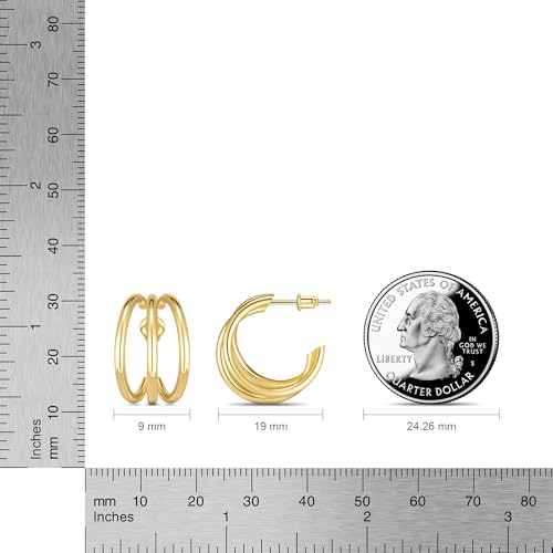Gold Hoop Earrings for Women, 19mm Triple Hoop Earrings, 14K Gold Plated Over 925 Sterling Silver, Lightweight Hypoallergenic Stacked Hoops, Minimalist Everyday Gold Jewelry