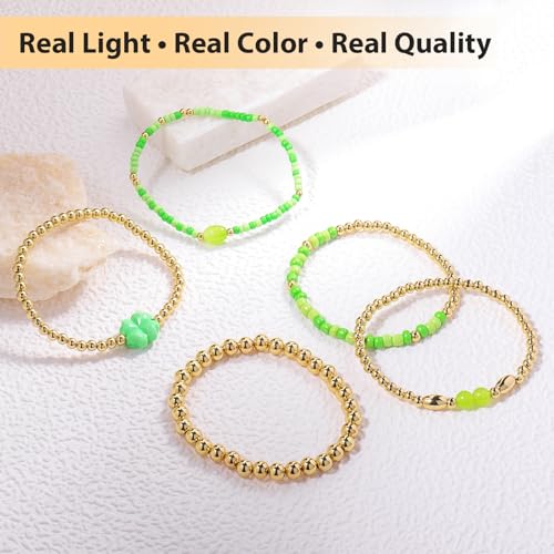Gold Beaded Bracelets for Women: 14K Gold Bracelets for Women Trendy Dainty Gold Ball Bracelet Stack for Womens - Boho Stretch Bracelets Jewelry Sets with Cross Fashion Accessories Gifts for Women - style: clover