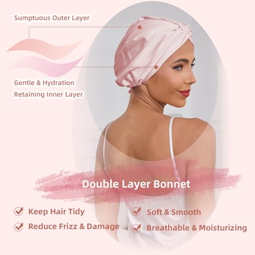 Adjustable Silk Satin Hair Bonnet for Sleeping Women, Double Layer, Silk Hair Wrap for Sleeping Women Men, Curly Natural Braid Straight Unisex - Pink - color: Pink
