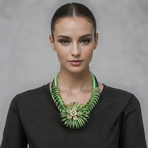 Ethnic Crystal Rhinestone Pendant Necklace Earrings Set Women Handmade Tribal Collar Choker Chunky Metal Bib Rope Chain African Statement Jewelry Set - color: NXR1418-green