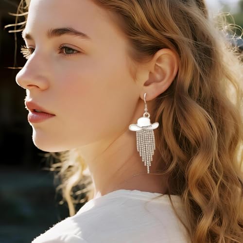 RechicGu 3 Pairs Western Cowgirl Cowboy Hat Earrings Set Silver Symmetric Boots Sparkly Rhinestone Tassels Drop Dangle Rural Culture Earrings Set For Women - color: Silver Boots,White Hat