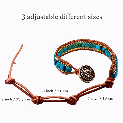 Mens Genuine Leather Bracelet - Handmade Adjustable Leather Cuff Bracelet punk Style leather wrap Wristband for Men - color: W-Turquoise Bead