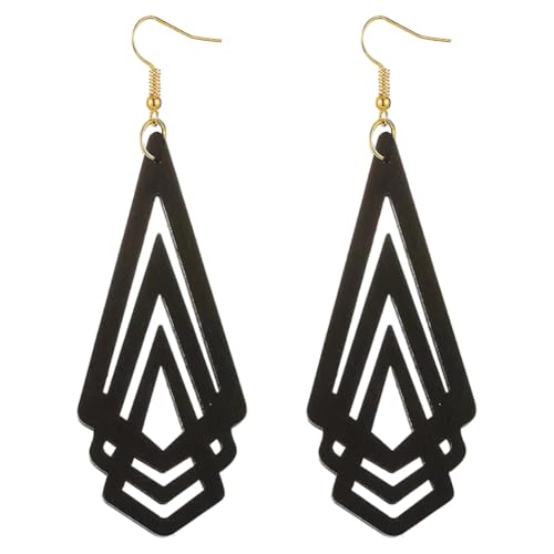 Handmade Wood Triangle Rhombus Hollow Geometric Dangle Drop Earrings Unique Presonalized Retro Gold Hook Earrings For Women - style: Black