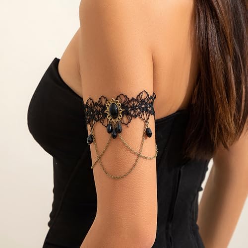 Dainty Black Upper Arm Cuff Bracelet for Women, Gothic Halloween Sexy Lace Harness Armlet Adjustable Upper Arm Chain Bangle Arm Band for Women - color: Lace