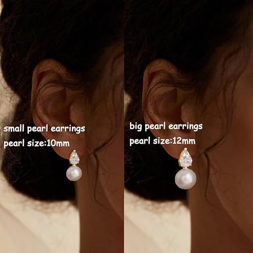 Pearl Earrings for Women, Dainty Wedding Bridal Earrings 14k Gold Plated CZ Pearl Drop Earrings for Women Trendy Hypoallergenic Unique Gold Drop Earrings Fashion Prom Jewelry - color: Silver-M