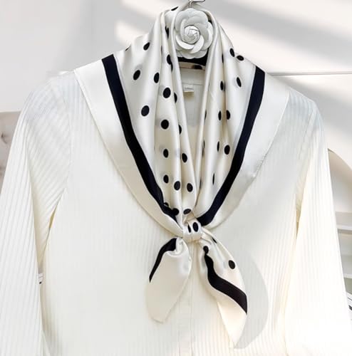 JERLA 100% Pure Mulberry Silk Square Scarf for Hair-27''x27'' Women Men Natural Silk Neckerchief Headscarf - color: Polka Dot Cream White