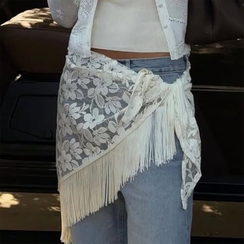 Women Y2K Lace Fringe Hip Scarf Boho Triangle Tassel Waist Cover Up Skirt Wrap Sheer Tie Belt Aesthetic Streetwear - color: D White