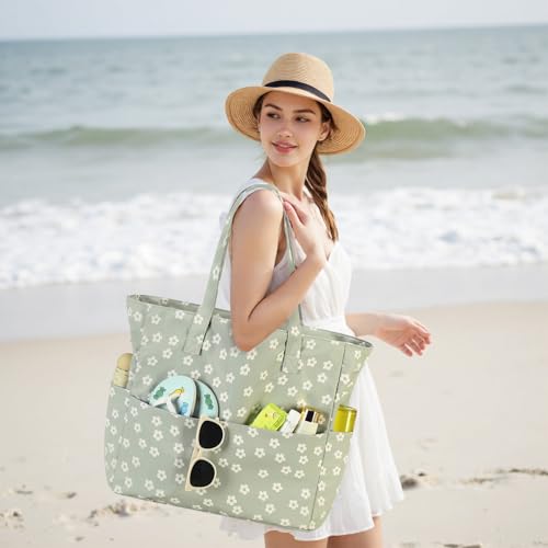 Bluboon Waterproof Beach Tote Pool Bags for Women Ladies Extra Large Carry On Bag With Wet Compartment for Weekender Travel - color: Beige Flower Green