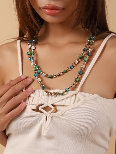 MINACHI Colorful Irregular Beaded Long Necklace, Coated Reflective Glass Beads, Bohemian Vintage Chunky Costume Jewelry for Women - style: Necklace NEC.005
