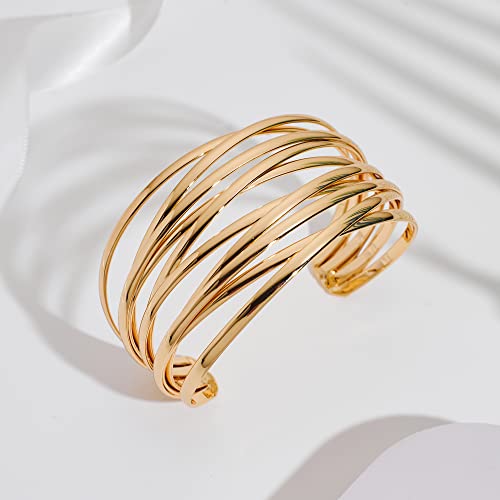 WOWORAMA Chunky Cuff Bracelets for Women Multi-layer Cross Wire Open Bangle Bracelet Adjustable Chunky Wide Open Wrist Arm Cuffs Wrap Bracelet Gold/White Gold - color: Gold Cross Wire Cuff