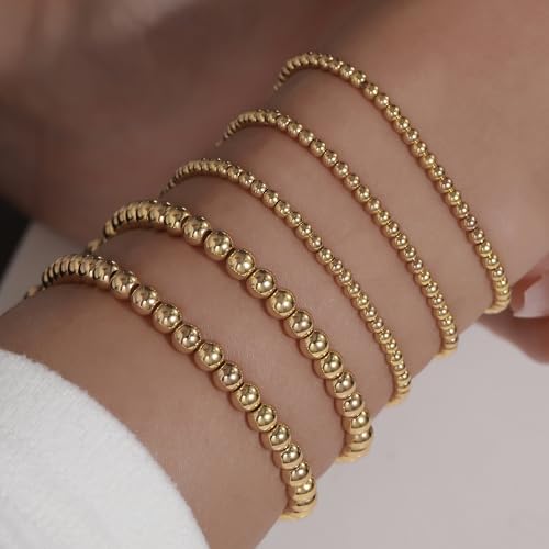 Gold Bracelets for Women 14K Gold Plated Beaded Non Tarnish Bracelets Stretch Bead Ball Bracelet Stack Set Jewelry for Gifts - color: E SET 5PC