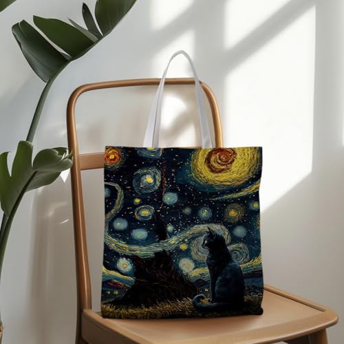 Preppy Animal Tote Bag, Pet Canvas Tote Bag, Reusable Grocery Shopping Shoulder Bags - color: Black Cat